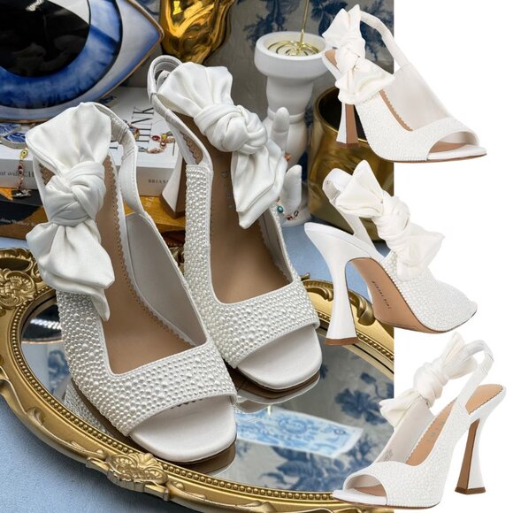 🆕 GIANNI BINI 🧿 NWOB Coray Pearl Embellished Satin Bow Slingback, Sz 7M